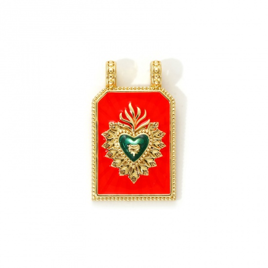 Image de 1 Piece Eco-friendly Brass Religious Charms 18K Real Gold Plated Orange-red Enamel Hexagon Ex Voto Heart 29mm x 17.5mm