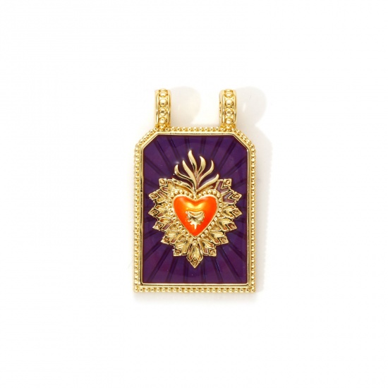 Image de 1 Piece Eco-friendly Brass Religious Charms 18K Real Gold Plated Purple Enamel Hexagon Ex Voto Heart 29mm x 17.5mm