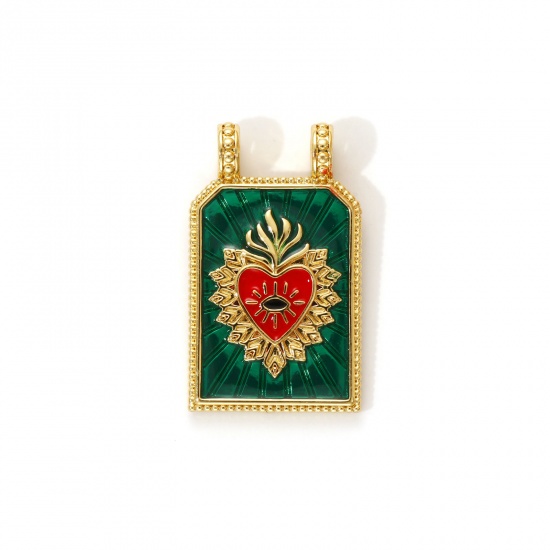 Image de 1 Piece Eco-friendly Brass Religious Charms 18K Real Gold Plated Green Enamel Hexagon Ex Voto Heart 29mm x 17.5mm