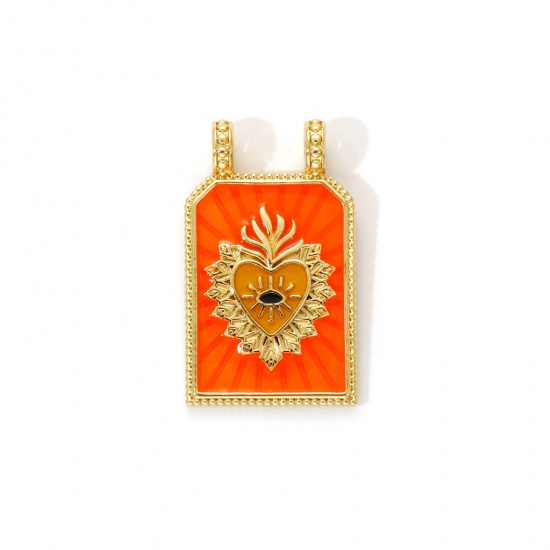 Image de 1 Piece Eco-friendly Brass Religious Charms 18K Real Gold Plated Orange Enamel Hexagon Ex Voto Heart 29mm x 17.5mm