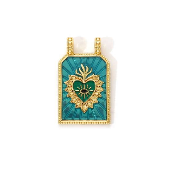 Image de 1 Piece Eco-friendly Brass Religious Charms 18K Real Gold Plated Peacock Green Enamel Hexagon Ex Voto Heart 29mm x 17.5mm