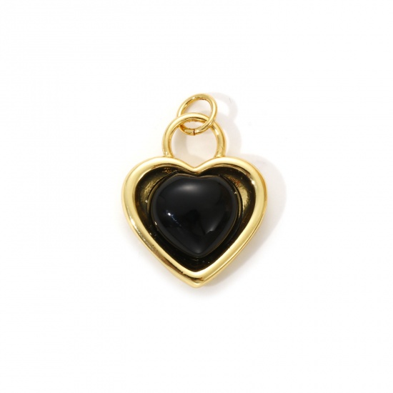 Immagine di 1 Piece Eco-friendly Brass & Agate Valentine's Day Charms 18K Real Gold Plated Black Heart 22mm x 16mm