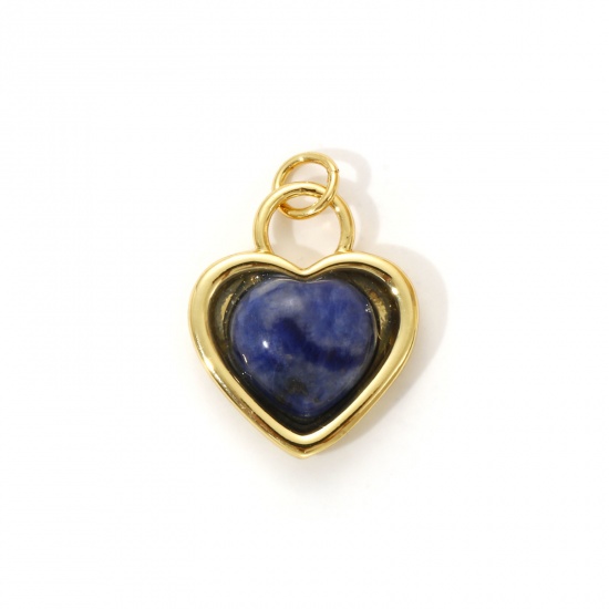 Immagine di 1 Piece Eco-friendly Brass & Gemstone Valentine's Day Charms 18K Real Gold Plated Dark Blue Heart 22mm x 16mm