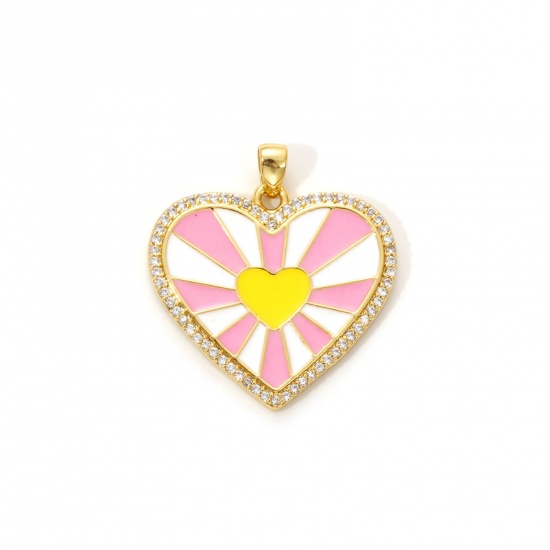 Immagine di 1 Piece Eco-friendly Brass Valentine's Day Charm Pendant 18K Real Gold Plated Pink Enamel Heart Clear Cubic Zirconia 27mm x 25mm