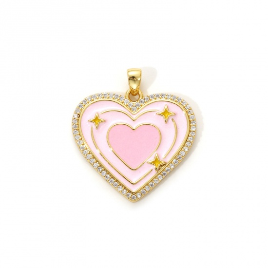 Immagine di 1 Piece Eco-friendly Brass Valentine's Day Charm Pendant 18K Real Gold Plated Pink Enamel Heart Clear Cubic Zirconia 27mm x 25mm