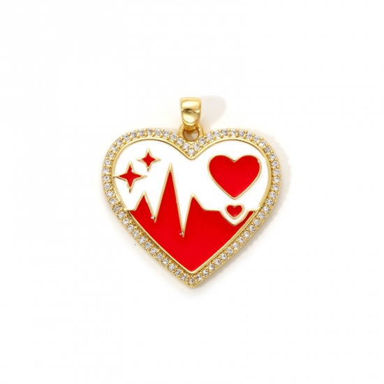 Immagine di 1 Piece Eco-friendly Brass Valentine's Day Charm Pendant 18K Real Gold Plated Red Enamel Heart Mountain Clear Cubic Zirconia 27mm x 25mm