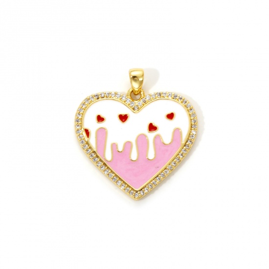 Immagine di 1 Piece Eco-friendly Brass Valentine's Day Charm Pendant 18K Real Gold Plated Pink Enamel Heart Clear Cubic Zirconia 27mm x 25mm