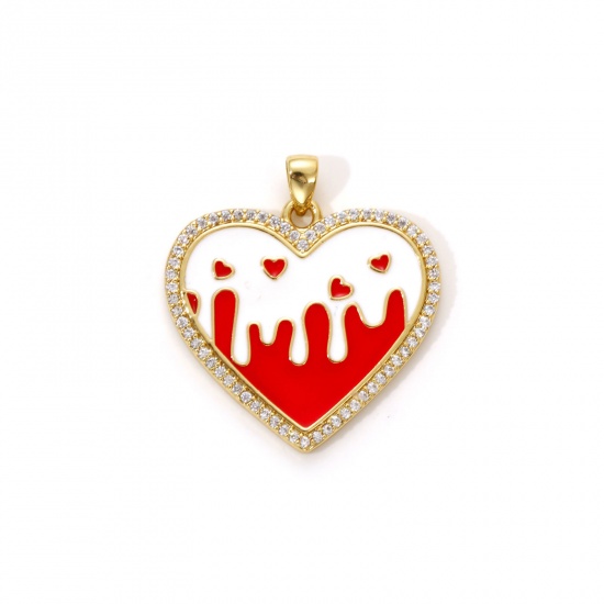 Immagine di 1 Piece Eco-friendly Brass Valentine's Day Charm Pendant 18K Real Gold Plated Red Enamel Heart Clear Cubic Zirconia 27mm x 25mm