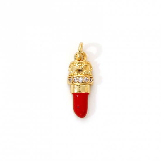 Immagine di 2 PCs Eco-friendly Brass Makeup Charms 18K Real Gold Plated Red Enamel Lipstick Clear Cubic Zirconia 17mm x 6mm