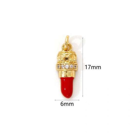 Immagine di 2 PCs Eco-friendly Brass Makeup Charms 18K Real Gold Plated Red Enamel Lipstick Clear Cubic Zirconia 17mm x 6mm