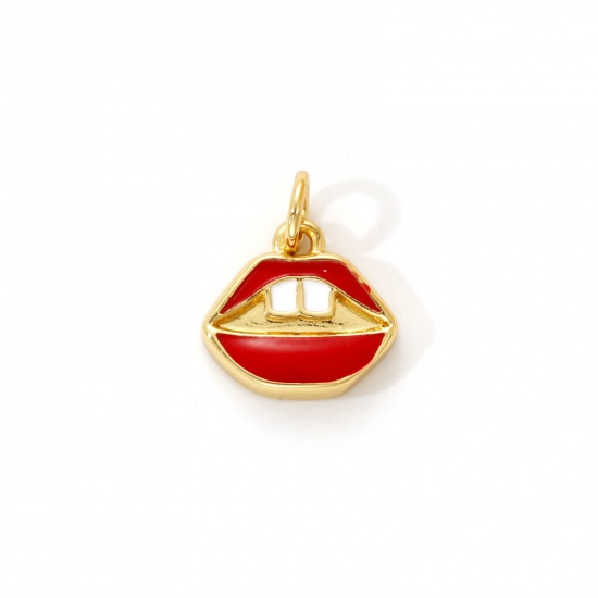Immagine di 2 PCs Eco-friendly Brass Charms 18K Real Gold Plated Red Enamel Lip 14mm x 12mm