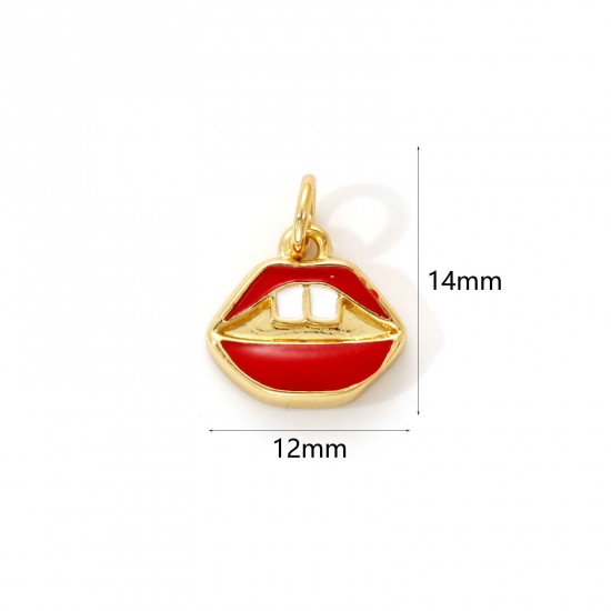 Immagine di 2 PCs Eco-friendly Brass Charms 18K Real Gold Plated Red Enamel Lip 14mm x 12mm