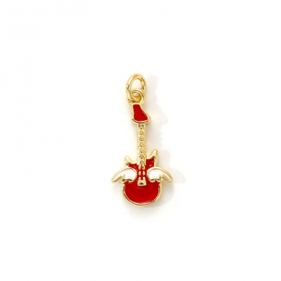 Immagine di 2 PCs Eco-friendly Brass Music Charms 18K Real Gold Plated Red Enamel Guitar Musical Instrument 20mm x 9mm