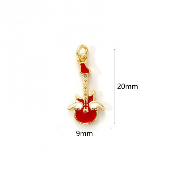 Immagine di 2 PCs Eco-friendly Brass Music Charms 18K Real Gold Plated Red Enamel Guitar Musical Instrument 20mm x 9mm