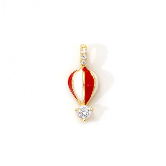 Immagine di 2 PCs Eco-friendly Brass Travel Charms 18K Real Gold Plated White & Red Enamel Fire Balloon Clear Cubic Zirconia 17mm x 7mm