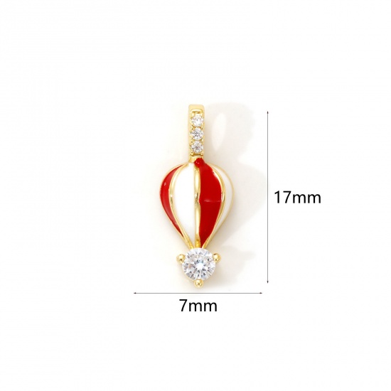 Immagine di 2 PCs Eco-friendly Brass Travel Charms 18K Real Gold Plated White & Red Enamel Fire Balloon Clear Cubic Zirconia 17mm x 7mm