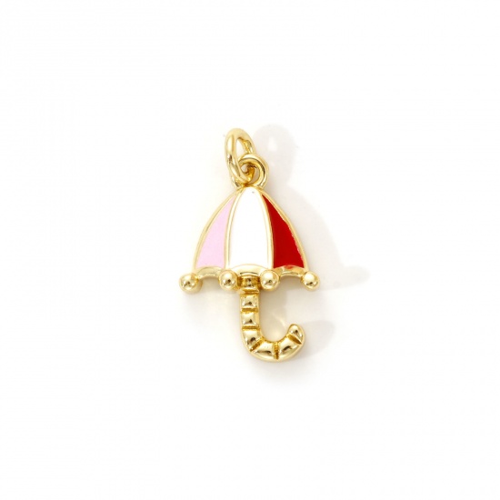 Immagine di 2 PCs Eco-friendly Brass Weather Collection Charms 18K Real Gold Plated Red & Pink Enamel Umbrella 17mm x 10mm