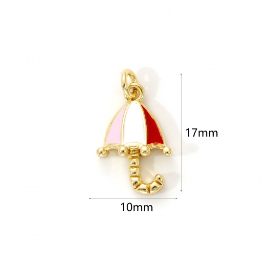 Immagine di 2 PCs Eco-friendly Brass Weather Collection Charms 18K Real Gold Plated Red & Pink Enamel Umbrella 17mm x 10mm