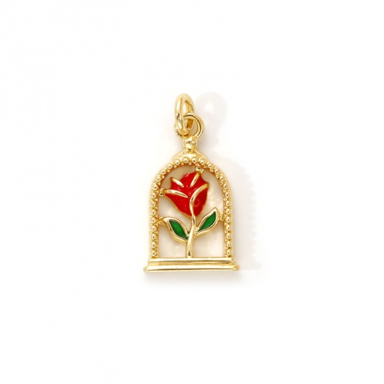 Immagine di 2 PCs Eco-friendly Brass Valentine's Day Charms 18K Real Gold Plated Red Enamel Rose Flower 18mm x 9mm
