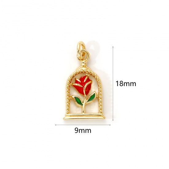 Immagine di 2 PCs Eco-friendly Brass Valentine's Day Charms 18K Real Gold Plated Red Enamel Rose Flower 18mm x 9mm