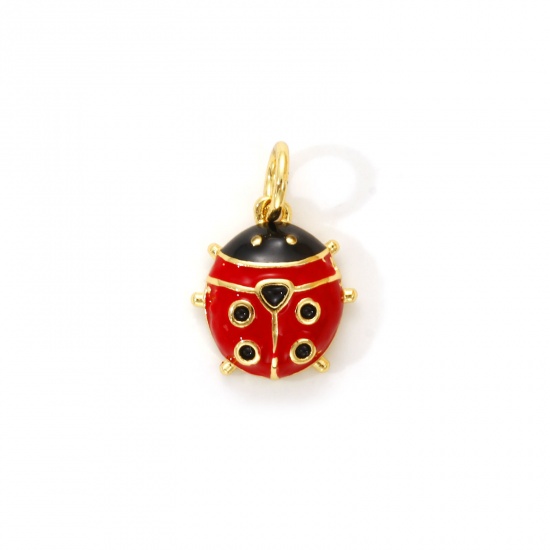 Immagine di 2 PCs Eco-friendly Brass Insect Charms 18K Real Gold Plated Black & Red Enamel Ladybug Animal 15mm x 10.5mm