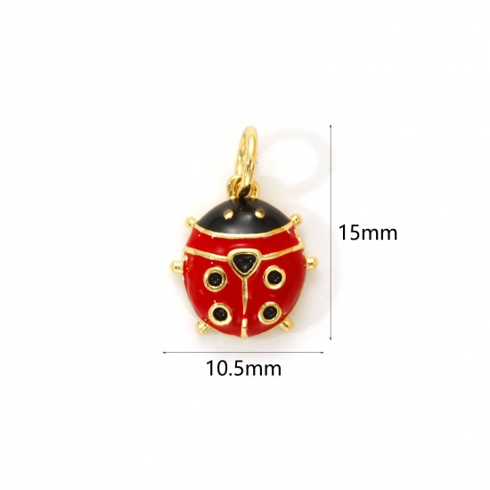 Immagine di 2 PCs Eco-friendly Brass Insect Charms 18K Real Gold Plated Black & Red Enamel Ladybug Animal 15mm x 10.5mm