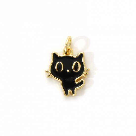 Immagine di 2 PCs Eco-friendly Brass Charms 18K Real Gold Plated Black Enamel Cat Animal 17mm x 12mm