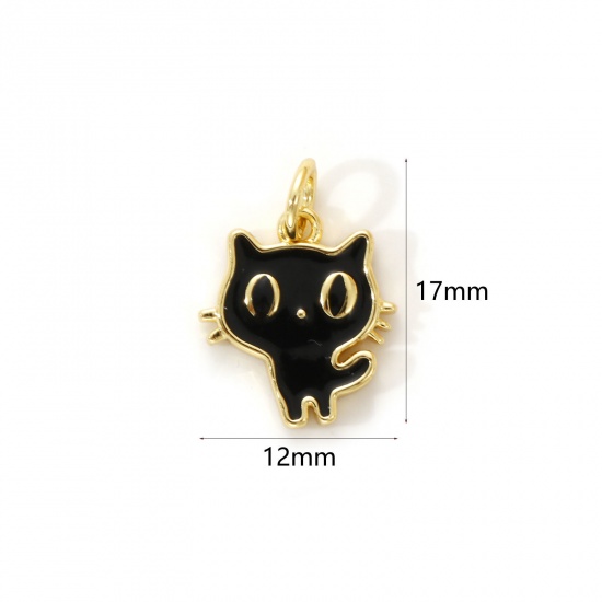 Immagine di 2 PCs Eco-friendly Brass Charms 18K Real Gold Plated Black Enamel Cat Animal 17mm x 12mm