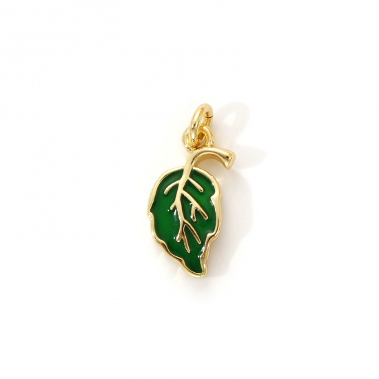 Immagine di 2 PCs Eco-friendly Brass Flora Collection Charms 18K Real Gold Plated Green Enamel Leaf 16mm x 7mm
