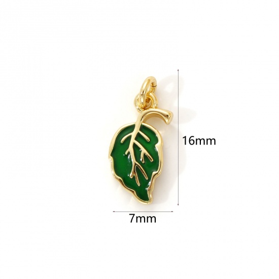 Immagine di 2 PCs Eco-friendly Brass Flora Collection Charms 18K Real Gold Plated Green Enamel Leaf 16mm x 7mm