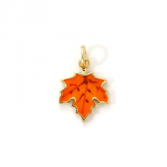 Immagine di 2 PCs Eco-friendly Brass Flora Collection Charms 18K Real Gold Plated Orange Enamel Maple Leaf 18mm x 12mm