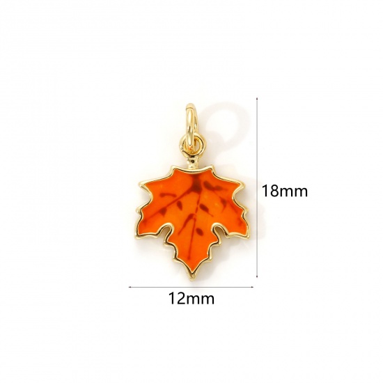 Immagine di 2 PCs Eco-friendly Brass Flora Collection Charms 18K Real Gold Plated Orange Enamel Maple Leaf 18mm x 12mm