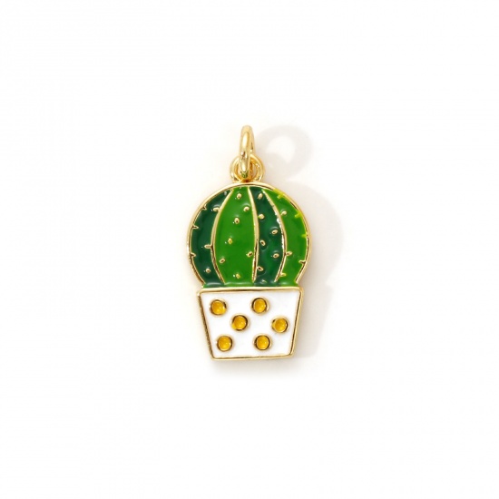 Immagine di 2 PCs Eco-friendly Brass Flora Collection Charms 18K Real Gold Plated Green Enamel Pot Plant Cactus 17mm x 9mm