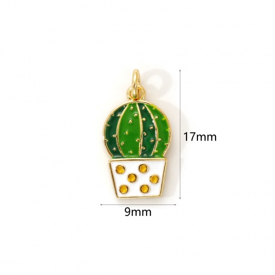 Immagine di 2 PCs Eco-friendly Brass Flora Collection Charms 18K Real Gold Plated Green Enamel Pot Plant Cactus 17mm x 9mm