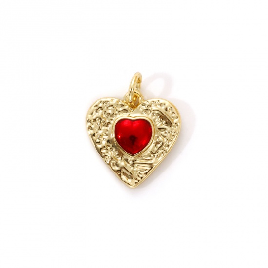 Imagen de 1 Piece Eco-friendly Brass Valentine's Day Charms 18K Real Gold Plated Red Enamel Heart Hammered 17mm x 13.5mm