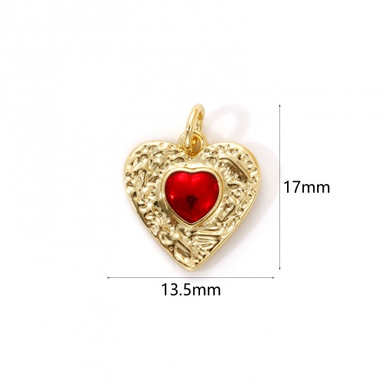 Imagen de 1 Piece Eco-friendly Brass Valentine's Day Charms 18K Real Gold Plated Red Enamel Heart Hammered 17mm x 13.5mm