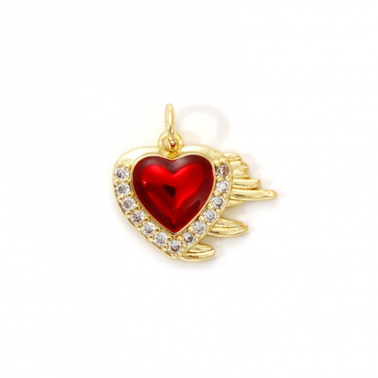 Imagen de 1 Piece Eco-friendly Brass Valentine's Day Charms 18K Real Gold Plated Red Enamel Heart Micro Pave Clear Cubic Zirconia 17mm x 17mm
