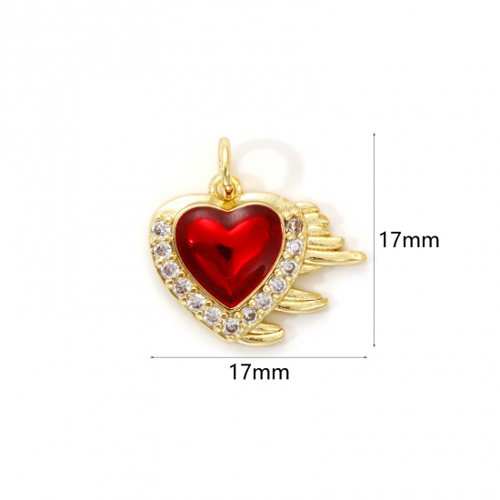 Imagen de 1 Piece Eco-friendly Brass Valentine's Day Charms 18K Real Gold Plated Red Enamel Heart Micro Pave Clear Cubic Zirconia 17mm x 17mm
