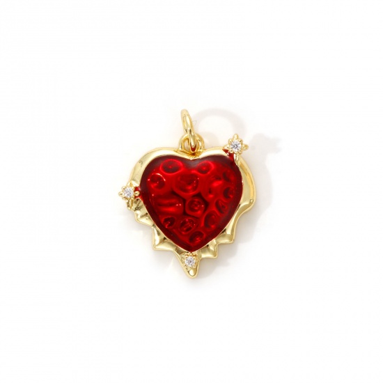 Imagen de 1 Piece Eco-friendly Brass Valentine's Day Charms 18K Real Gold Plated Red Enamel Heart Micro Pave Clear Cubic Zirconia 19mm x 15mm
