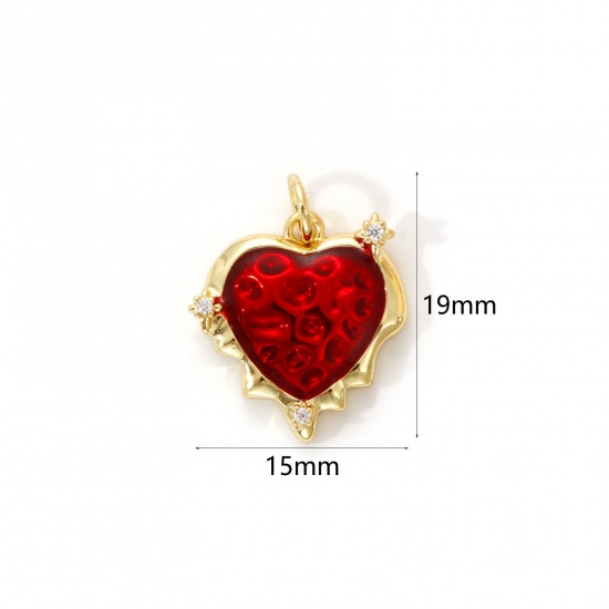 Imagen de 1 Piece Eco-friendly Brass Valentine's Day Charms 18K Real Gold Plated Red Enamel Heart Micro Pave Clear Cubic Zirconia 19mm x 15mm