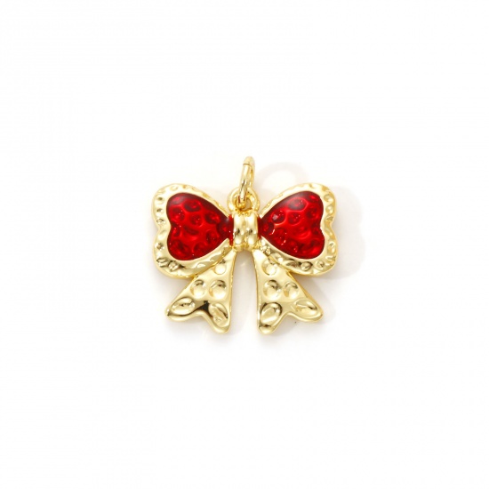 Imagen de 1 Piece Eco-friendly Brass Valentine's Day Charms 18K Real Gold Plated Red Enamel Bowknot 17mm x 17mm