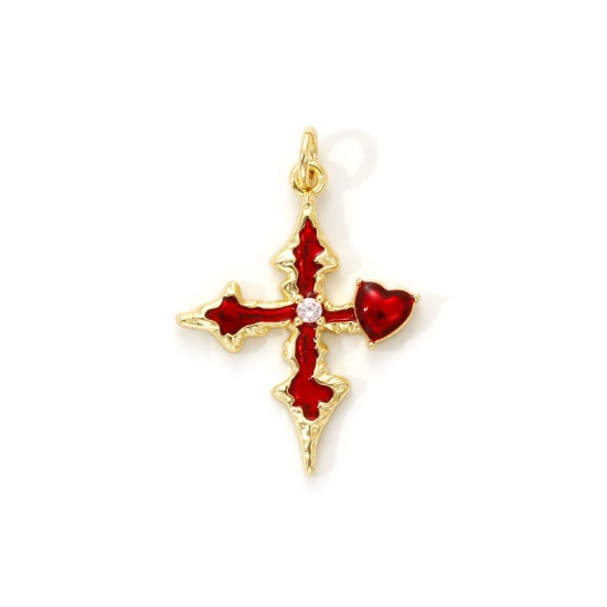 Imagen de 1 Piece Eco-friendly Brass Religious Charms 18K Real Gold Plated Red Enamel Cross Heart Micro Pave Clear Cubic Zirconia 29mm x 20mm