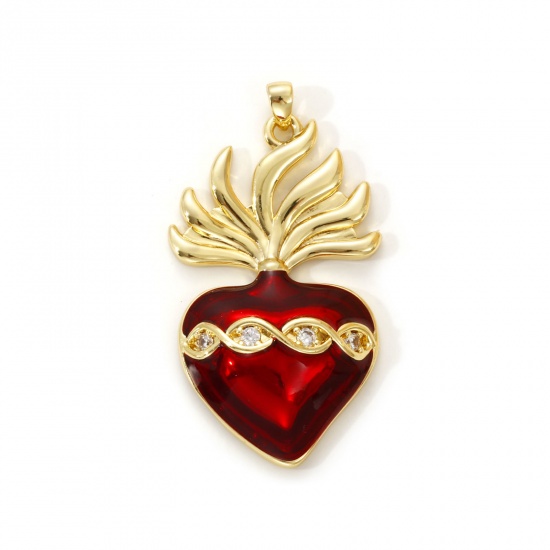 Imagen de 1 Piece Eco-friendly Brass Religious Pendants 18K Real Gold Plated Red Enamel Ex Voto Heart Micro Pave Clear Cubic Zirconia 4.3cm x 2.3cm