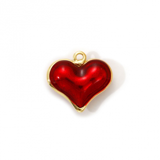 Imagen de 1 Piece Eco-friendly Brass Valentine's Day Charms 18K Real Gold Plated Red Enamel Heart 3D 20mm x 19mm