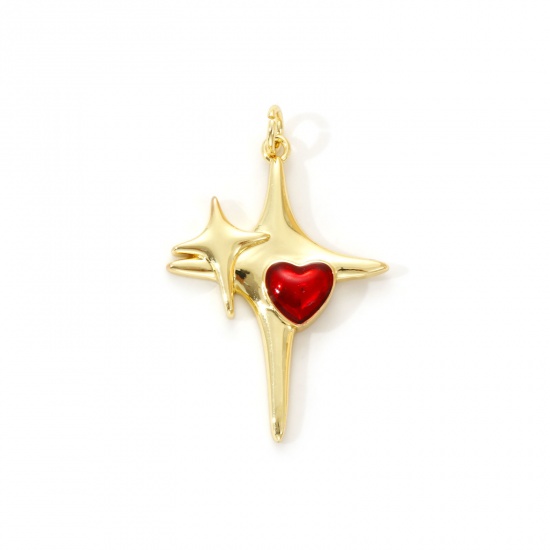 Imagen de 1 Piece Eco-friendly Brass Valentine's Day Pendants 18K Real Gold Plated Red Enamel Star Heart 3.5cm x 2.2cm