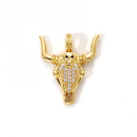 1 Piece Eco-friendly Brass West Cowboy Charms 18K Real Gold Plated Bull Head/ Cow Head Micro Pave Clear & Black Cubic Zirconia 26mm x 22mm の画像