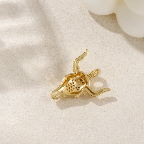 1 Piece Eco-friendly Brass West Cowboy Charms 18K Real Gold Plated Bull Head/ Cow Head Micro Pave Clear & Black Cubic Zirconia 26mm x 22mm の画像