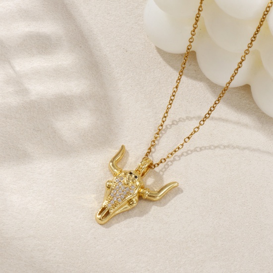 1 Piece Eco-friendly Brass West Cowboy Charms 18K Real Gold Plated Bull Head/ Cow Head Micro Pave Clear & Black Cubic Zirconia 26mm x 22mm の画像