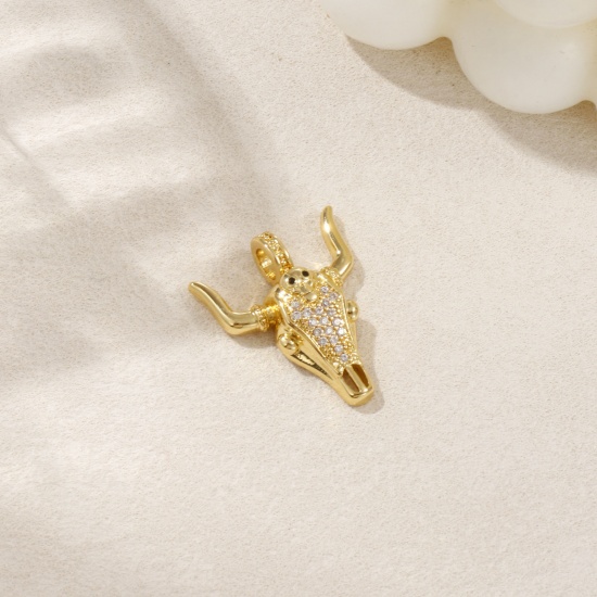 1 Piece Eco-friendly Brass West Cowboy Charms 18K Real Gold Plated Bull Head/ Cow Head Micro Pave Clear & Black Cubic Zirconia 26mm x 22mm の画像