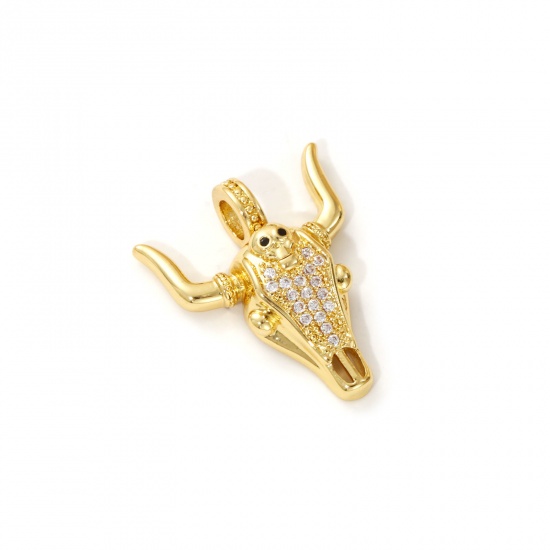1 Piece Eco-friendly Brass West Cowboy Charms 18K Real Gold Plated Bull Head/ Cow Head Micro Pave Clear & Black Cubic Zirconia 26mm x 22mm の画像